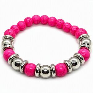 VTG Style Silver Tone Metal Pink Glass Beaded Stretch Bracelet 6.5" Adjustable
